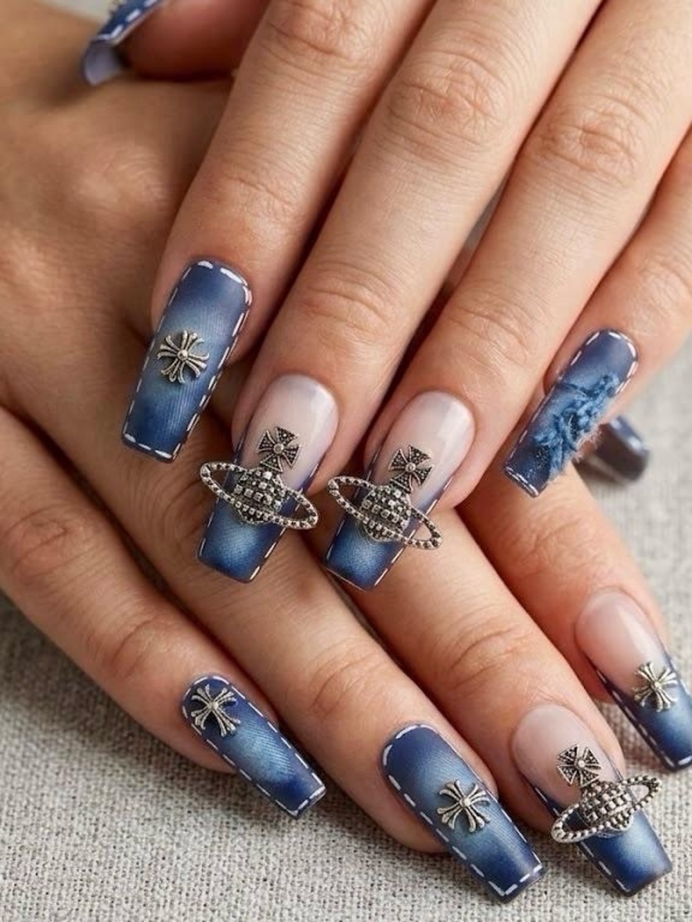 Blue Ombre Faux Gem Nail Art Set - Women Makeup